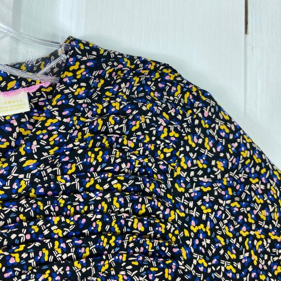 NWOT MAEVE ANTHROPOLOGIE Top XS Blue Yellow Abstract Pleated Button-Up 3/4-Sleev - Picture 5 of 12